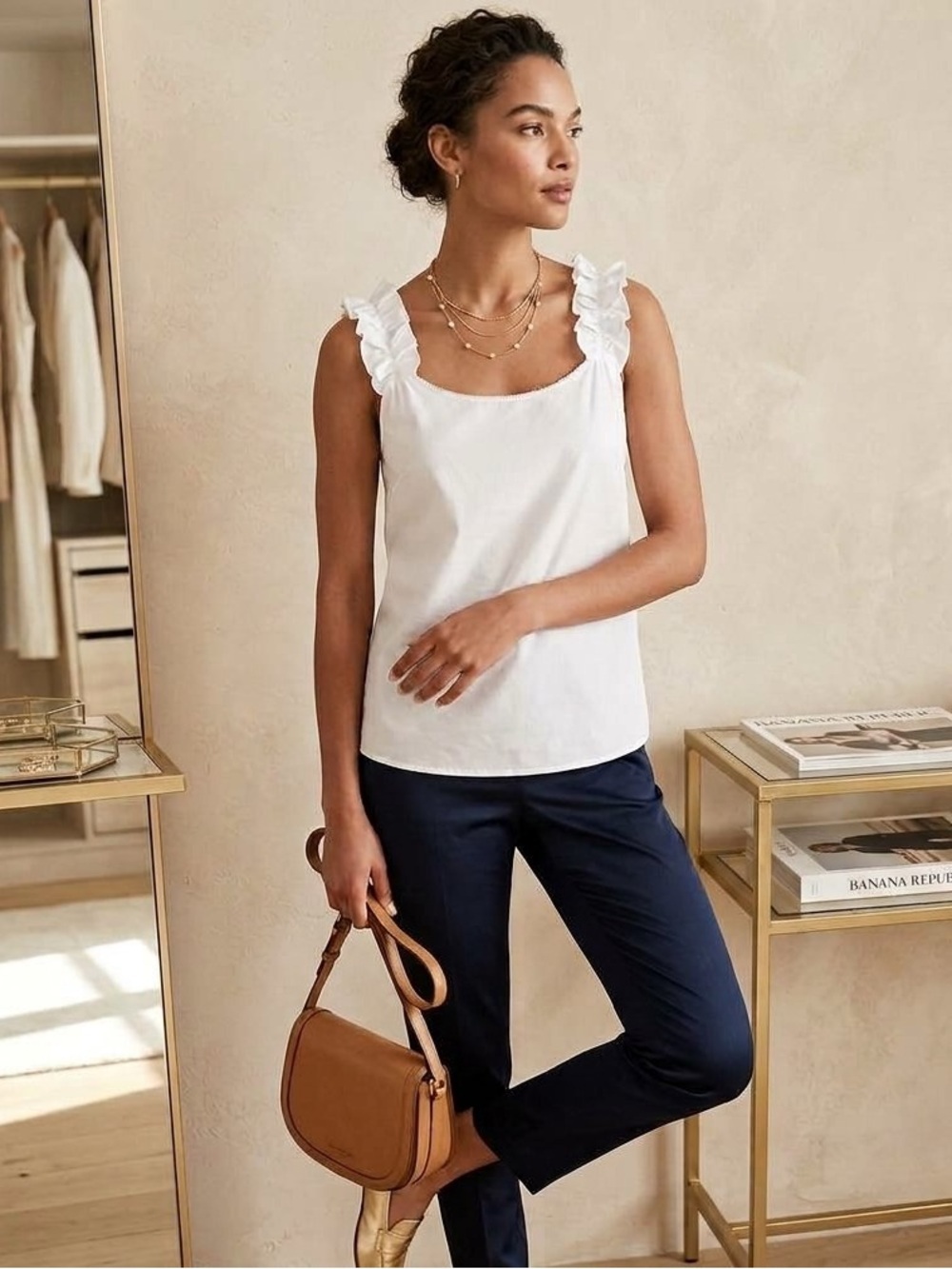 Banana Republic White Lined Tank Top Ruffle Strap Sleeveless Blouse Shirt M